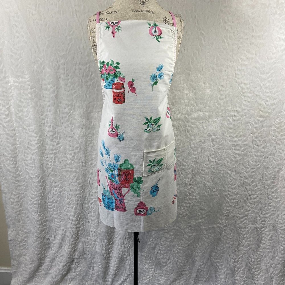 Vintage 1960s White Floral Print Full Apron with Pocket